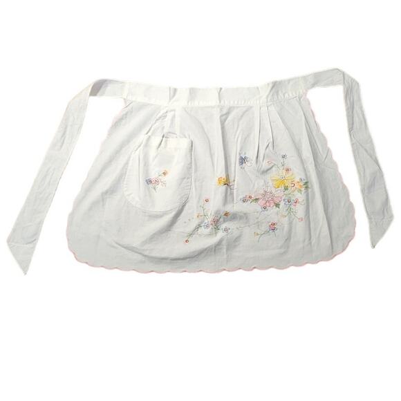 Vtg Handmade Half Apron hand embroidered 18"waist 17"lgth‎ 18"x2 ties - Picture 1 of 5